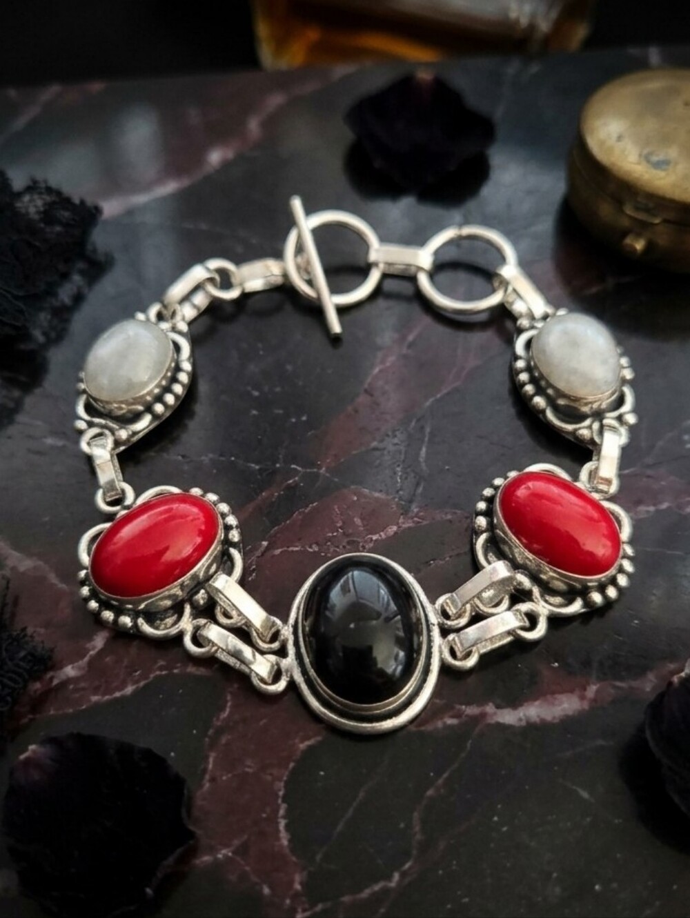 Sterling Silver Bracelet Black Onyx Red Coral Moonstone 925 Artisan Toggle 7"